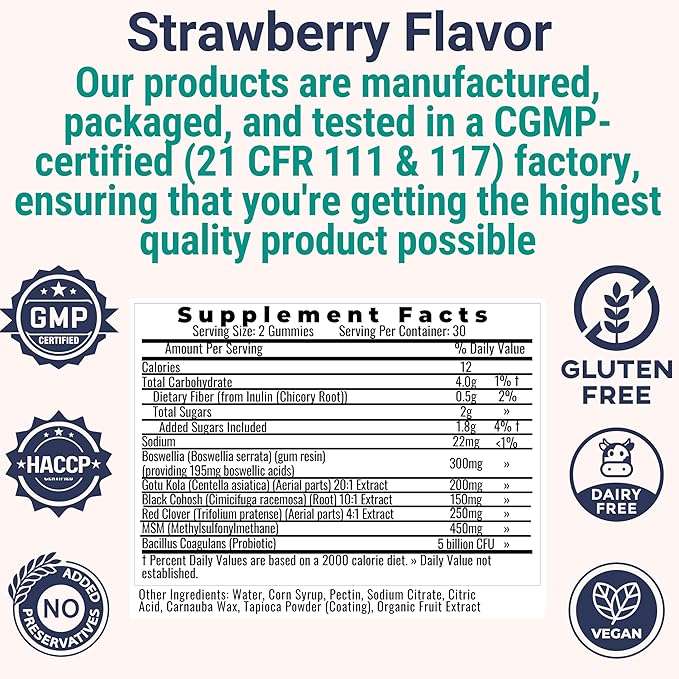 Boswellia Serrata Black Cohosh Gotu Kola Red Clover Extract Complex Gummies w. Probiotic Fiber (Chicory Root Inulin) MSM Methylsulfonylmethane, Supplement Alt for Organic Powder Capsules Tincture
