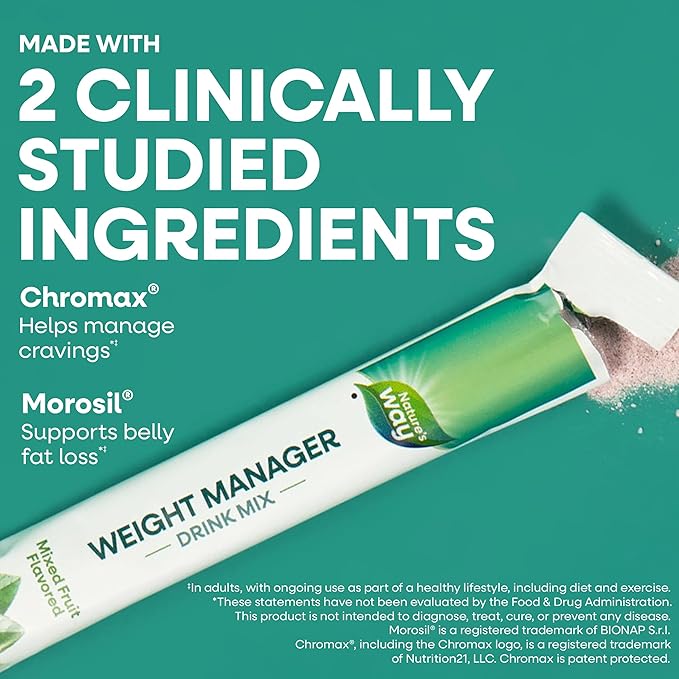 Nature's Way Weight Manager Drink Mix Packets, Supports Craving Management & Abdominal Fat Loss*(1), with Clinically Studied Ingredients, Plant-Based Fiber, No Sugar, Mixed Fruit Flavored, 30 Packets