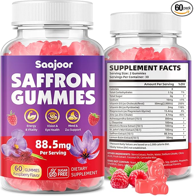 Saffron Gummies for Adult Kids - with Saffron 88.5mg, Vitamins D3 & B6, Magnesium, Zinc, Ashwagandha, L - Theanine, St. John's Wort - Supports Mood & Focus, Vegan, Raspberry Flavor, 60 Gummies