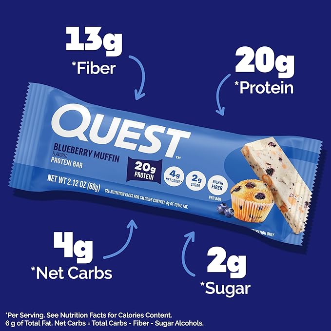 Quest Nutrition Blueberry Muffin Protein Bars, 20g Protein, 5g Net Carbs, 2g Sugar, High Fiber, Gluten Free, Keto Friendly, 4 Count