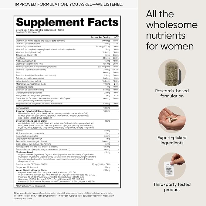 Multivitamin for Women, All-in-One Supplement Complex with Vitamin B12, A, C, Biotin, D, E, Folate, Magnesium — 77 Nutrients for Overall Women's Health, Hair & Skin, Energy, 30 Day Supply