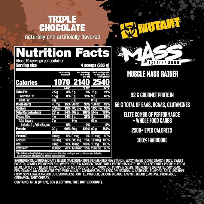 Mutant Mass Extreme 2500 - High Calorie Mass Gainer Whey Protein Powder with Creatine & Amino Acids - Muscle Building & Weight Gain Supplement for Hard Gainers - Triple Chocolate 12 lbs