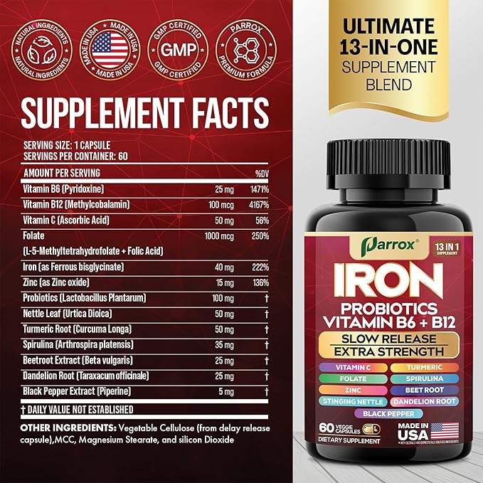 Iron Supplement with Slow Release Iron, Probiotics, Spirulina, Turmeric, Vitamin B6, B12, C, Zinc, Folate, Beetroot, Nettle Leaf, Dandelion Root, Black Pepper, Extra Strength, 60 Vegan Capsules