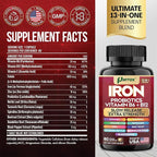 Iron Supplement with Slow Release Iron, Probiotics, Spirulina, Turmeric, Vitamin B6, B12, C, Zinc, Folate, Beetroot, Nettle Leaf, Dandelion Root, Black Pepper, Extra Strength, 60 Vegan Capsules
