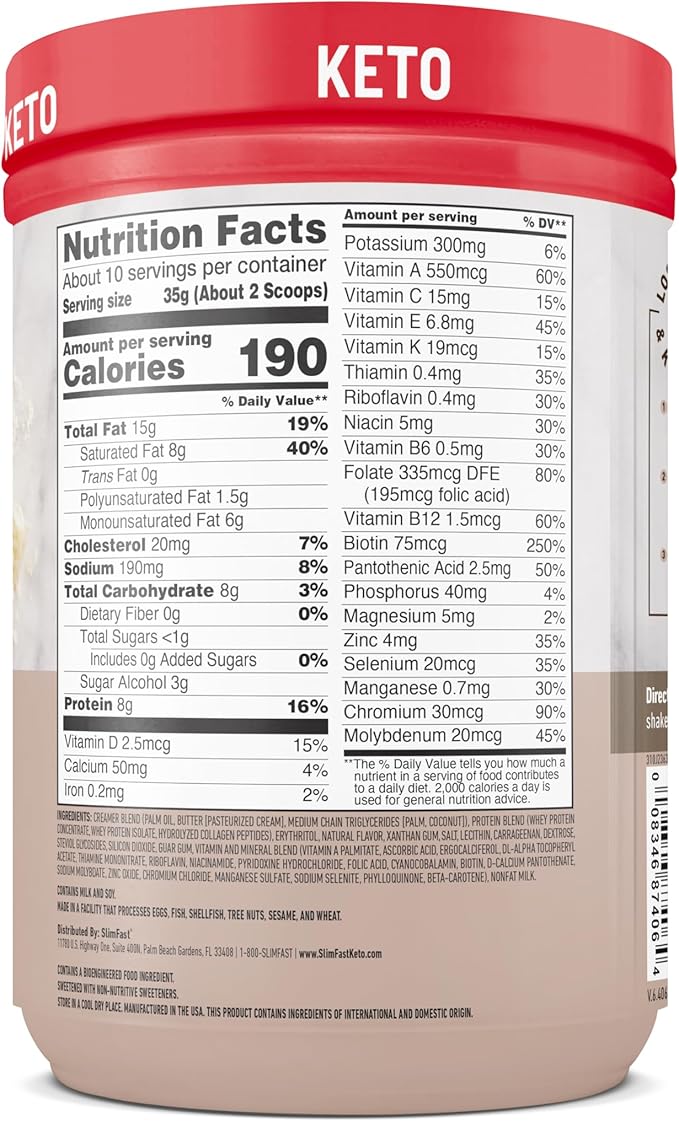 SlimFast Keto Meal Replacement Powder, Keto Meal Replacement Shake, Low Carb, Whey Protein, Collagen Protein, Grass Fed Butter, Weight Loss Shakes Powder, Gluten Free, Vanilla Cake Batter, 10 Servings