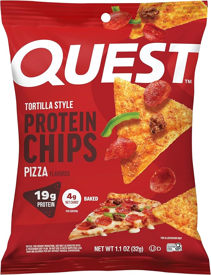 Quest Nutrition Pizza Tortilla Style Protein Chips, 19g Protein, 4g Net Carbs, High Protein Snack, Low Carb, Gluten Free, 1.01 oz bags, 12 Count