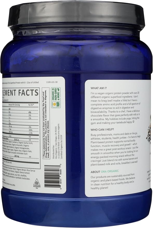 Ora Organic Vegan Protein Powder - 23g Plant Protein for Women and Men - Chocolate Flavor 20 Servings, Bloat-Free, Gluten Free, Non-GMO, No Artificial Sweeteners
