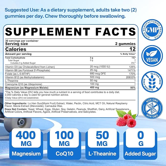 Magnesium Malate Gummies - Magnesium 400mg, L-5-MTHF Folate 680mcg, Methyl B12, B6, L-Theanine & CoQ10 - Sugar Free Methylated Magnesium Complex for Women Men, Methylation, Energy, Muscle & Calm,2Pack