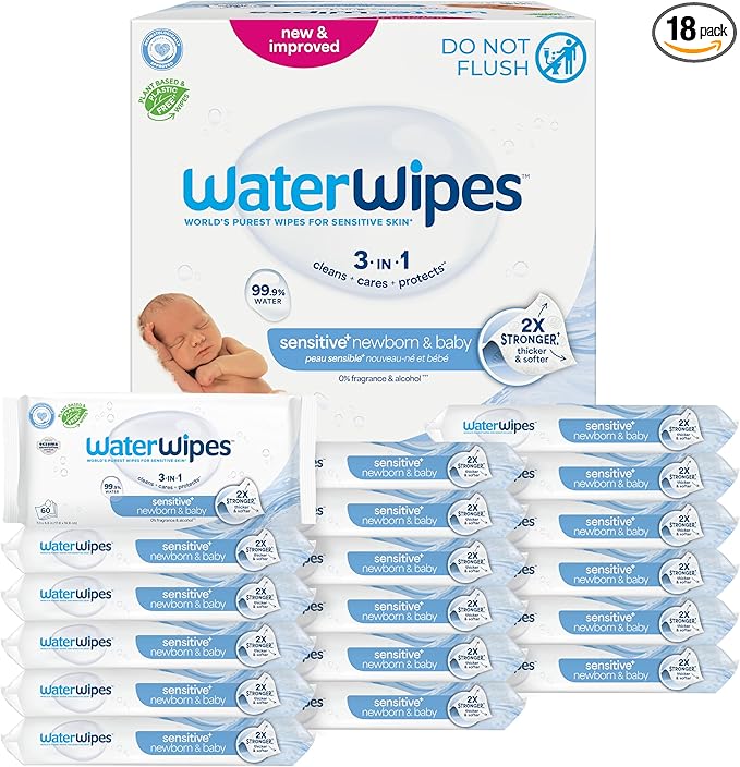 WaterWipes Sensitive+ Newborn & Baby Wipes, 3-In-1 Cleans, Cares, Protects, 99.9% Water, Unscented & Hypoallergenic, 1080 Count (18 Packs)