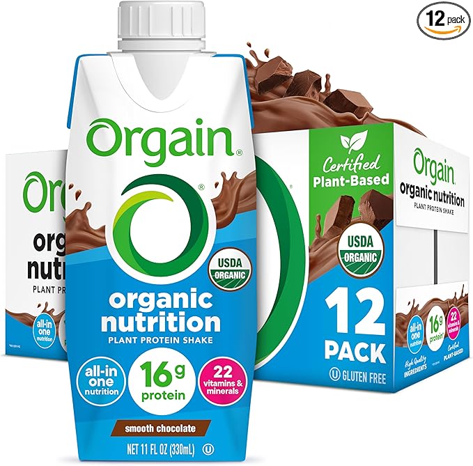 Orgain Organic Nutritional Vegan Protein Shake, Smooth Chocolate - 16g Plant Based Protein, Meal Replacement, 22 Vitamins & Minerals, Fruits & Vegetables, Gluten Free, Non-GMO, 11 Fl Oz (Pack of 12)