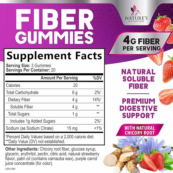 Fiber Gummies for Adults - Soluble Fiber 4g Per Serving - Plant-Based Prebiotic Fiber Supplement for Digestive Health, Gut Health, & Regularity Support - Vegan Gummy - Tasty Berry Flavor - 60 Gummies