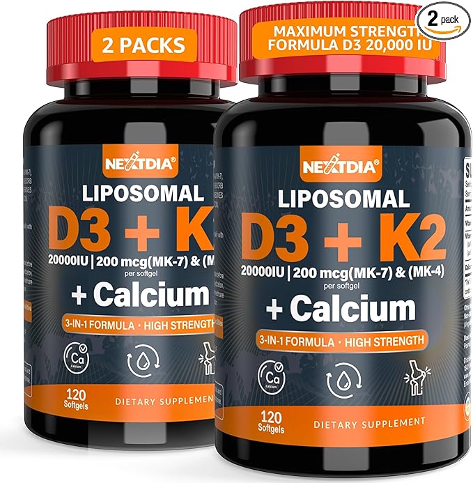 Vitamin D3 20,000 IU + K2 Vitamin (MK4 & MK7) 200mcg + Calcium Citrate, Optimal Vitamin D3 K2 Softgel - Strong Bone & Muscle, Calcium Absorption, Helping Vitamin D Deficiencies, Easy to Swallow, 2Pack