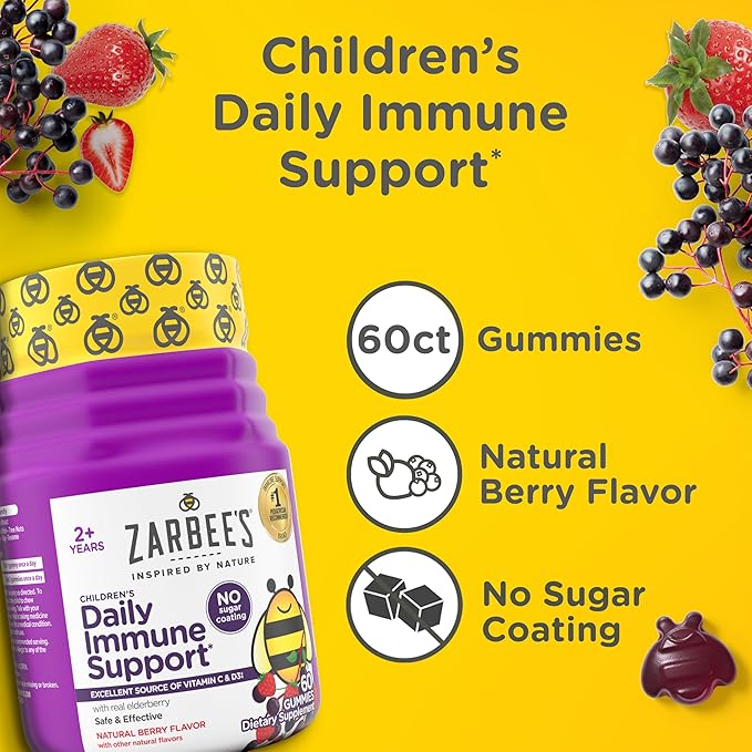 Zarbee's No Sugar Coating Elderberry Gummies for Kids, Daily Immune Support* Gummies with Vitamins C, D3 & Zinc to Support a Healthy Immune System*, No Artificial Flavors, Ages 2+, 60 ct