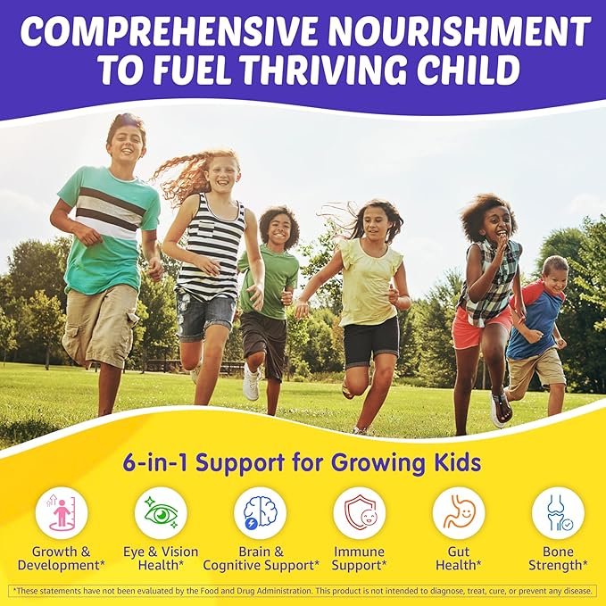 Kids Multivitamin Gummies with Iron, 450mg Algae Omega-3, Methylated B12, Folate, Fiber 2g, Probiotics, Magnesium, A, C, D, K, Zinc,Children Vitamins for Growth, Brain, Eye, Gut, Immune,Kids 4+ 120Cts