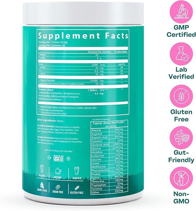 GOBIOTIX Collagen Powder Supplement with Probiotics - Hydrolyzed Protein Collagen Powder for Women - Hair Skin and Nails, Joint and Digestive Health - Collagen Peptides Type I and III - 30 Servings