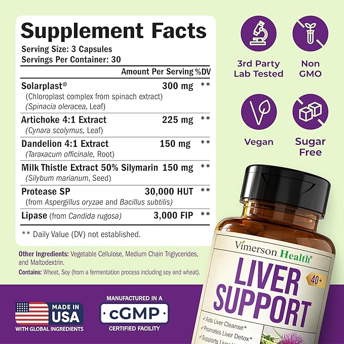 Liver Support with Artichoke Extract, Enzymes, Silymarin 50% Milk Thistle, Dandelion Root, Lipase & Protease, Solarplast® Antioxidants – Supports Detox, Digestion & Energy. 90 Capsules, 30 Day Supply
