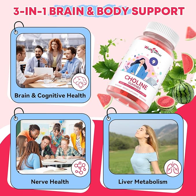 CDP Choline Supplement Gummies 550 mg: Citicoline Brain Supplement for Memory Focus Liver Health with DHA B12, High Potency Sugar Free Vegan Non GMO Watermelon Flavor 30 Days