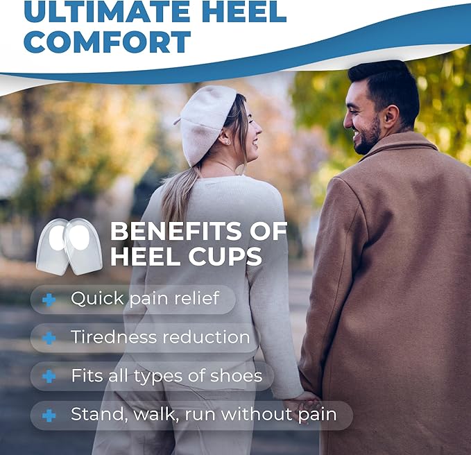 Gel Silicone Heel Cups/Pads, 2 Pack, for Achilles Tendonitis, Shoe Wedge Inserts for Plantar Fasciitis, Bone Spur, Foot Pain Relief Support, Comfort Cushion Insoles for Women/Men