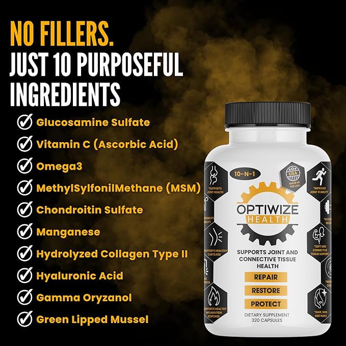 10-N-1 Joint Support Hydrolyzed Collagen,MSM, Hyaluronic Acid, Glucosamine,Chondroitin & More- Targets Joint Discomfort, Improves Mobility & Flexibility 320 Caps for Men & Women Made in USA