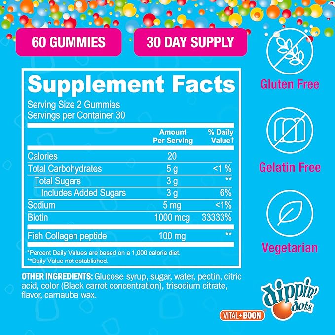 Vital+Boon Dippin' Dots - Biotin Collagen Gummies for Women and Men - Hair, Skin & Nails Support - 10,000 mcg Biotin - Vegetarian, Non-GMO, Gluten-Free (60 Count)