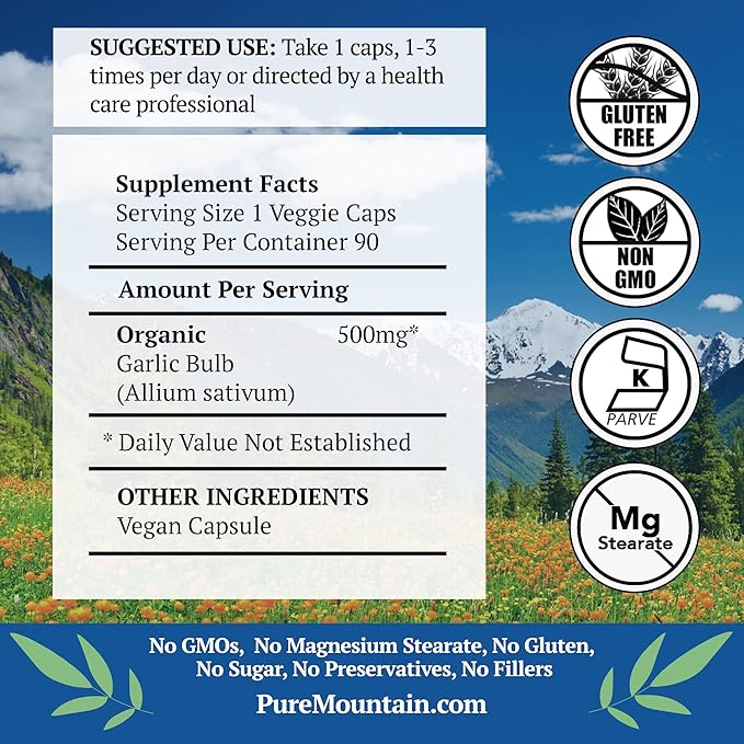 Pure Mountain Botanicals Garlic Pills Kosher Vegan Capsules with 500mg Organic Garlic Allium Sativum Supplement