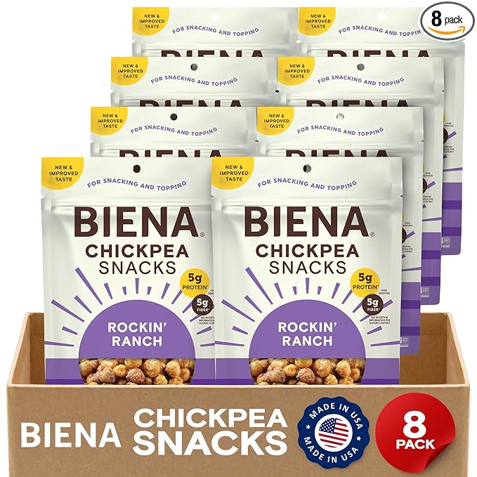 BIENA Chickpea Snacks - Crunchy Roasted Chickpeas - High Fiber Vegan Protein Snacks for Adults and Kids - 8-Pack, 5 Ounce Bags - Rockin’ Ranch