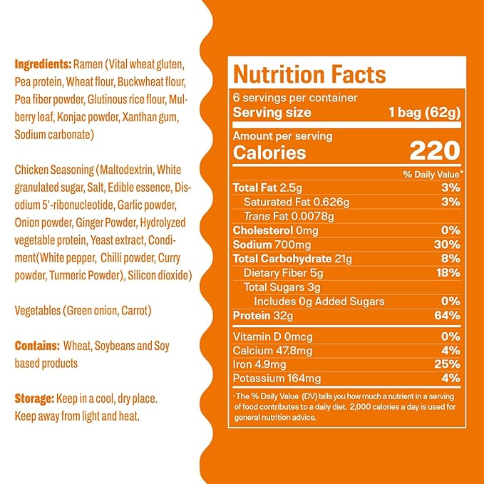Hethstia High Protein Ramen Soup Chicken Flavor, 6-Pack Instant Ramen Noodles Chicken Broth, 32g Plant-Based Protein, Vegan, Non-GMO, Low Fat, Egg-Free, Dairy-Free, Pre-Packaged Quick Meal