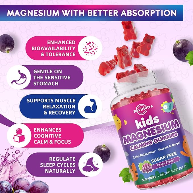 2 Pack Kids Magnesium Glycinate Gummies - Magnesium Gummies with L-Theanine, Chamomile, Licorice, Vitamin B6, D for Kids & Adults Sleep, Stress, Muscle Relief & Nerve Bone - Sugar Free Grape
