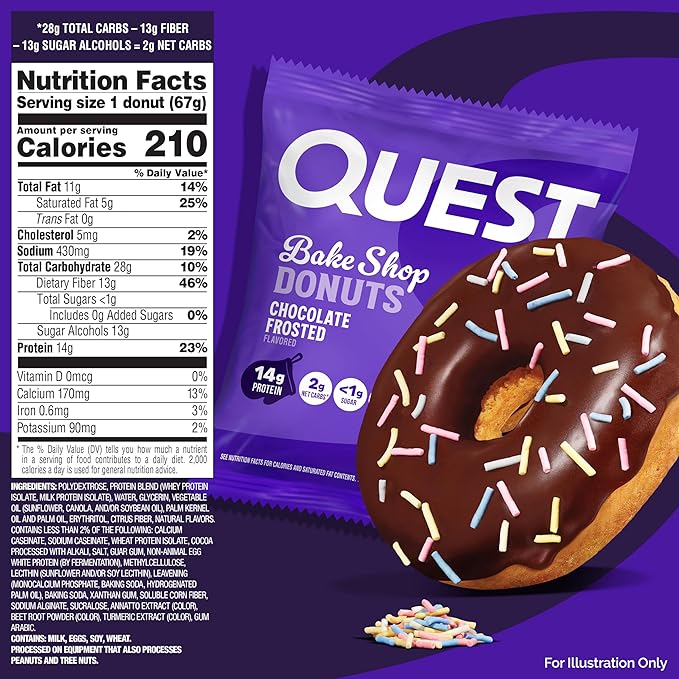 Quest Nutrition Bake Shop, Chocolate Frosted Donuts, 14g Protein, Less than 1g Sugar, Protein Snack, Low Sugar, 4 Count