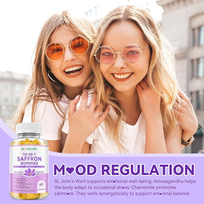 Saffron Gummies for Adult Kids, 10-IN-1 Cortisol Support Supplement with Saffron 88.5mg, Vitamin D3, B6, Magnesium, Zinc, Ashwagandha, L-Theanine, St. John's Wort, For Emotions, Slumber, 120 Count