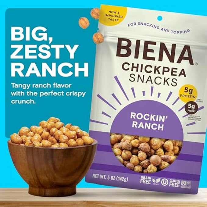 BIENA Chickpea Snacks - Crunchy Roasted Chickpeas - High Fiber Vegan Protein Snacks for Adults and Kids - 5 Ounce Individual Pack - Rockin' Ranch