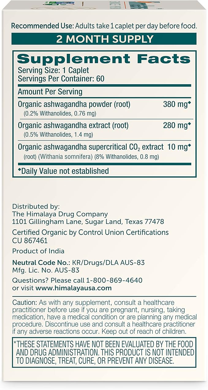 Himalaya Organic Ashwagandha Root, 2 Month Supply - Herbal Adrenal Support Supplements for Stress Relief and Energy Support - USDA Organic, Non-GMO, Vegan, Gluten Free, 670 mg, 60 Caplets