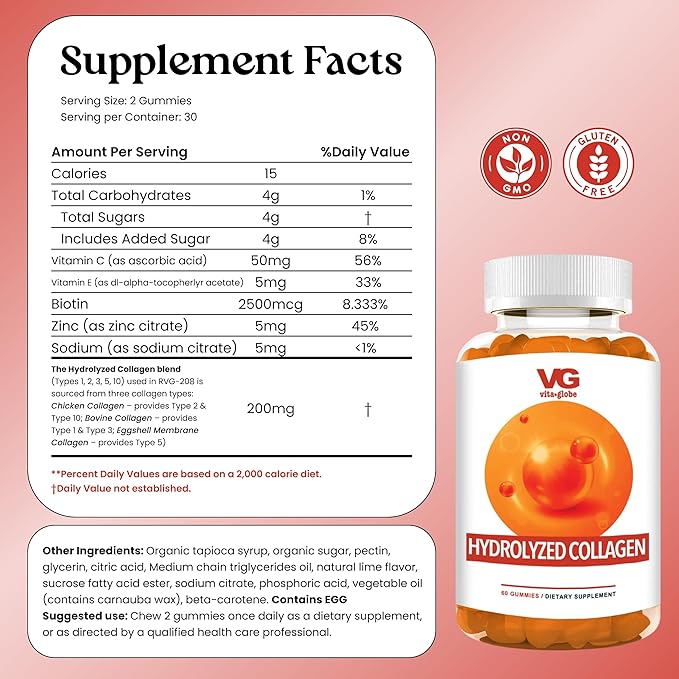 VITA GLOBE Collagen Gummies – 200mg Hydrolyzed Collagen Types I, II, III, V & X | Supports Hair, Skin, Nails, Joints & Bones | Non-GMO Daily Collagen Supplement for Adults – 120 Gummies (Pack of 2)