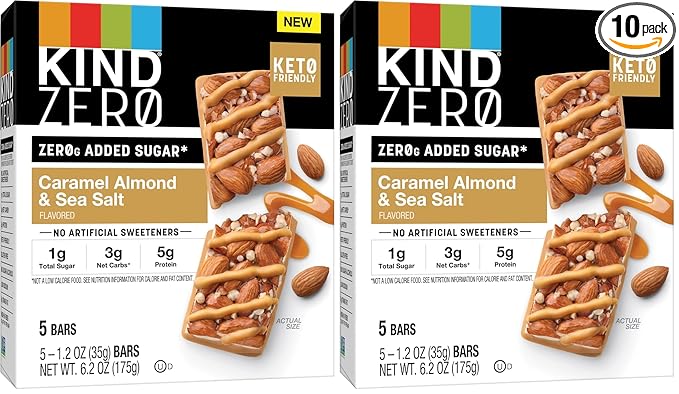 KIND ZERO Added Sugar Bars, Caramel Almond & Sea Salt, Keto Friendly Snacks, Gluten Free, 5g Protein, 5 Count (Pack of 2)