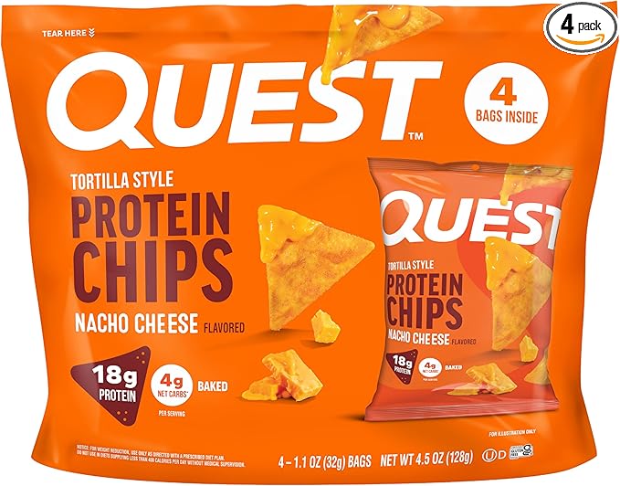 Quest Nutrition Nacho Cheese Tortilla Style Protein Chips, 18g Protein, 4g Net Carb, Low Carb, Gluten Free, 1.1 oz (Pack of 4)