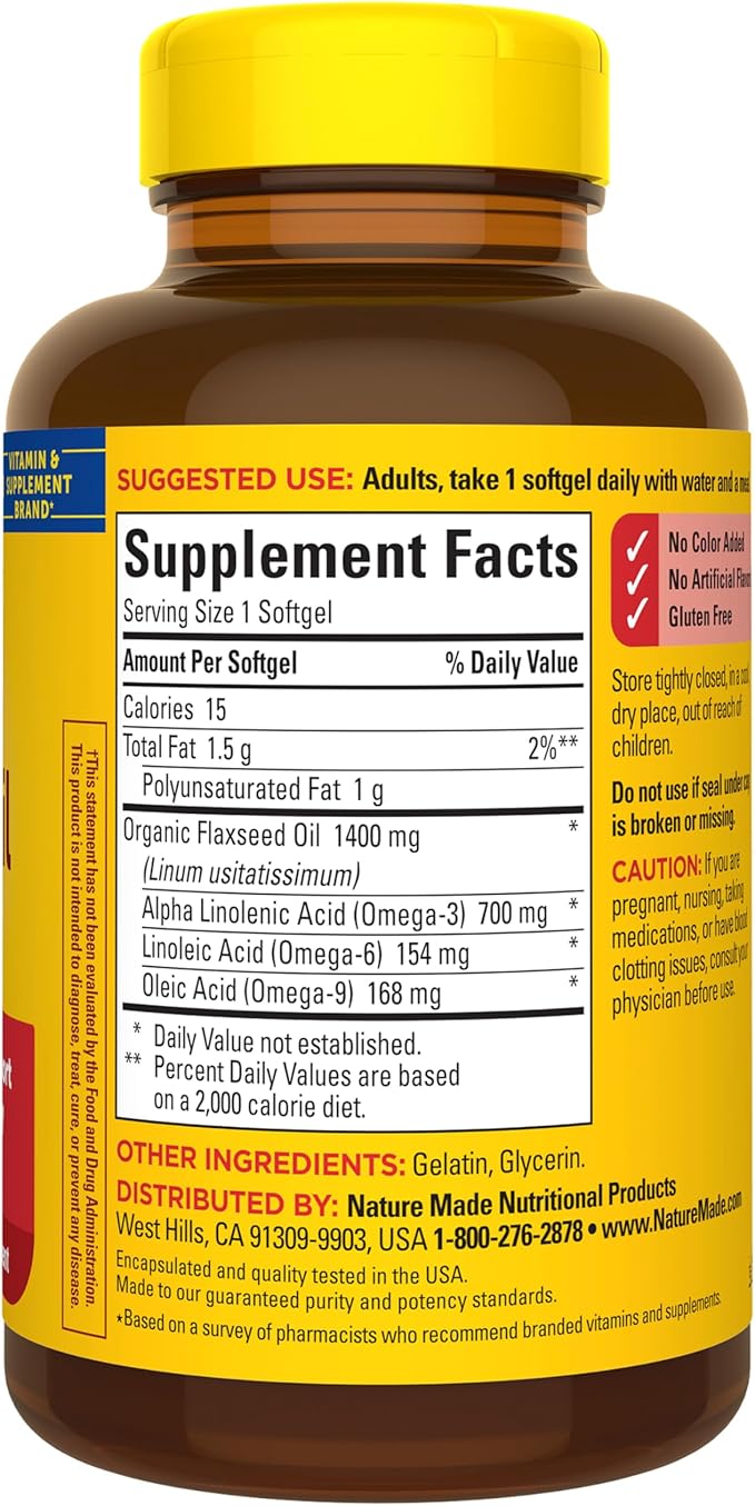 Nature Made Extra Strength Flaxseed Oil 1400 mg, Fish Free Omega 3 Supplement, Dietary Supplement for Heart Health Support, 100 Softgels, 100 Day Supply