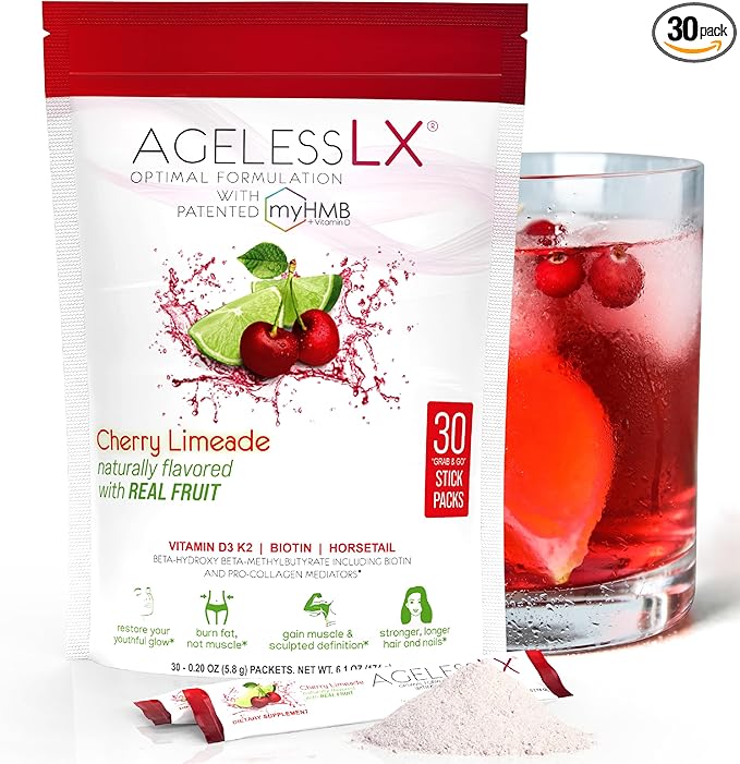 AgelessLX Powder Supplement for Women - with HMB Collagen Enhancer Plus Vitamin D3 with K2, Horsetail and Biotin for Lean Muscle and Stronger Hair and Nails - 30 Powder Packets, Cherry Limeade