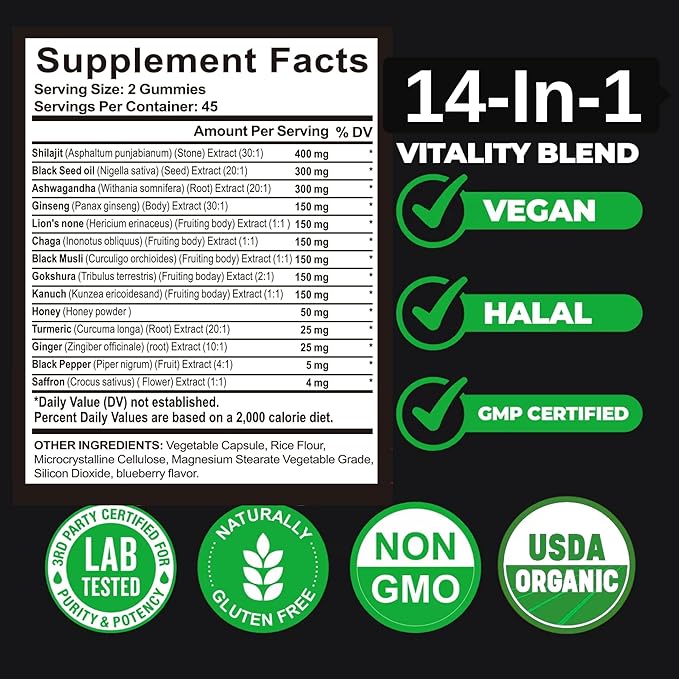 Organic Himalayan Shilajit Gold Gummies for Men and Women, Black Seed Oil, Ashwagandha, Ginseng, Turmeric, Gokshura, Lion's None, Lab Tested,%75 Fulvic Acid, No Sugar Added, Halal, 90Gummy