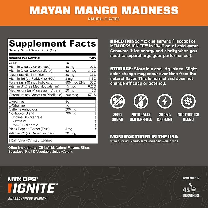 MTN OPS Ignite Sugar Free Energy Drink Powder with 200mg Caffeine, Nootropic Blend for Energy, Focus & Endurance, L Arginine & L Citrulline Pre Workout, 45 Servings, Mayan Mango