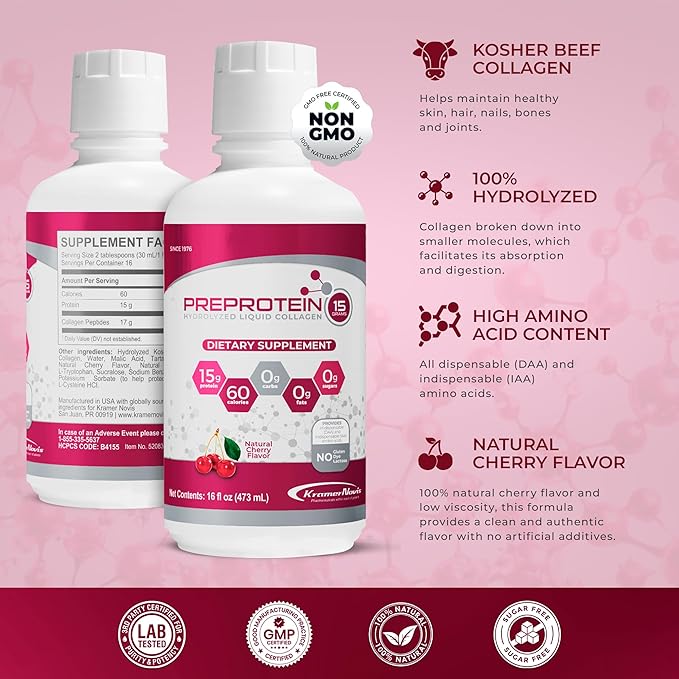 PreProtein 15 Liquid Hydrolyzed Collagen Peptides – Sugar Free Cherry Flavor Drink – 15g Protein Amino Acid Supplement for Bariatric Recovery, Joint Support & Wound Care – 16oz