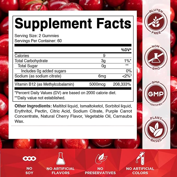 Vitamatic 2 Packs Extra Strength Vitamin B12 5000 mcg (Methyl B12) Gummies - 120 Count - Energy Metabolism Support and Nervous System Health Support, Natural Cherry Flavored