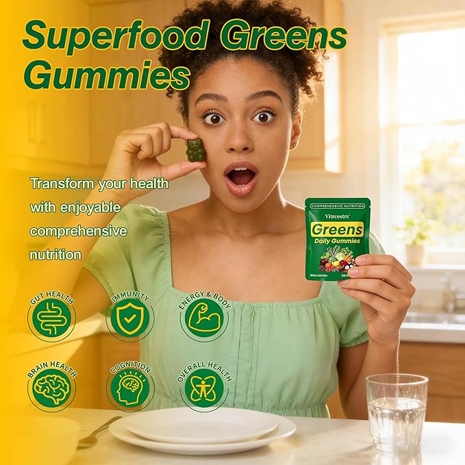 Greens Daily Gummies, Super Greens Gummies for Adults Superfood Multivitamin Gummy with Spirulina, Chlorella, Prebiotic Fiber, Fruit Veggie for Digestive & Gut Health, Adaptogens Supplement, 240 Count