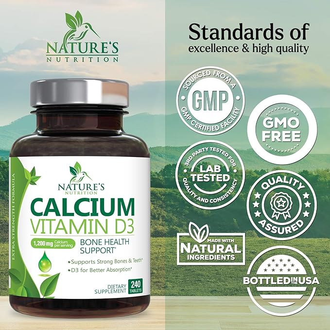 Calcium Supplement with Vitamin D3-1200 mg Calcium per Serving with D3 for Best Absorption - Supports Immune Health, Bones & Teeth - Nature's Calcium is Bottled in USA for Women & Men - 240 Tablets