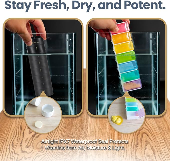 Ankomn 7 Day Travel Pill Organizer - IPX7 Rating Waterproof, Airtight & Portable Pill Case for Vitamins - Durable Weekly Supplement Case with Stackable Compartments for Outdoor Use - Black