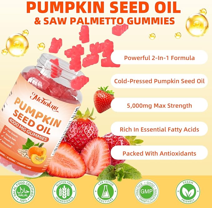 Pumpkin Seed Oil Supplement Gummies with Saw Palmetto for Hair Growth & Skin Health Support, High Pure Extract for Women & Men Extra Strength Pumpkin Seed, Strawberry Flavor, 60 Count