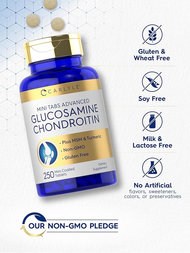Carlyle Glucosamine Chondroitin MSM | 250 Mini Tablets | Advanced Formula with Turmeric | Non-GMO, Gluten Free
