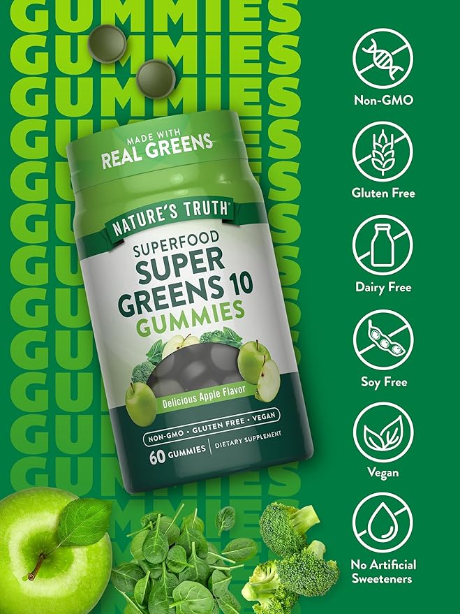 Nature's Truth Super Greens Gummies | 60 Count | Vegan, Non-GMO & Gluten Free | Made with Real Greens | Apple Flavor