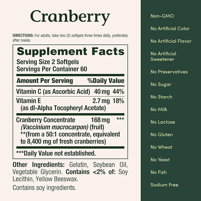 Nature's Bounty Cranberry Pills for Women Urinary Tract Health, Cranberry Supplements with Concentrate & Vitamin C, 120 Softgels
