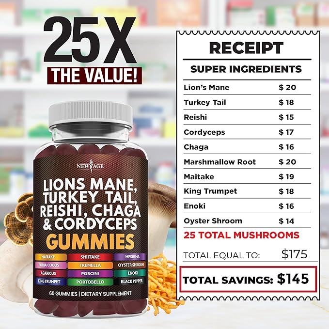 NEW AGE Mushroom Lion's Mane Supplement Gummies - Comprehensive Mushroom Supplement with Reishi, Cordyceps - 180 Count