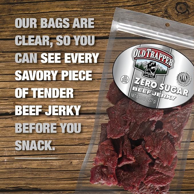 Old Trapper Zero Sugar Beef Jerky, Eight-Ounce Individual Package, Natural Wood Smoked Keto-Friendly Snack, 14 Grams of Protein, 70 Calories, and Zero Sugar Per Serving (Pack of One)